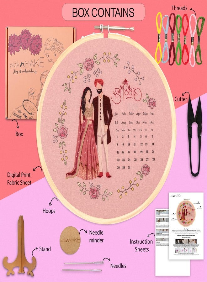 picknMAKE DIY Hand Embroidery Kit for Beginners Adults & Kids | Shubh Vivah Theme with Printed Fabric, Calendar Design, Threads, Frame & Tools | Embroidery Kit Set - All Materials Included - Image 2